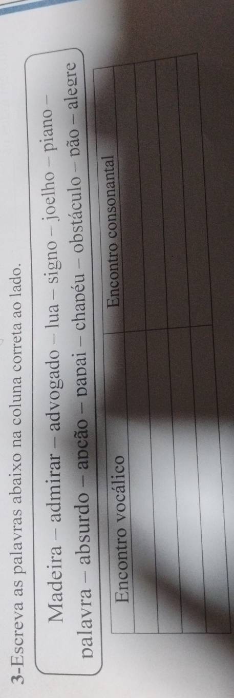 3-Escreva as palavras abaixo na coluna correta ao lado. 
Madeira - admirar - advogado - lua - signo - joelho - piano - 
palavra - absurdo - apcão - papai - chapéu - obstáculo - pão - alegre