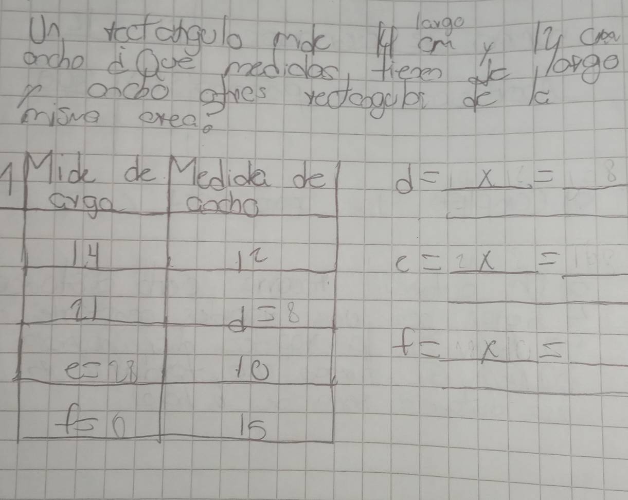 large 
Un rectangulo mok H cm y y c 
oncho dDve medidas, fieen
10g0
hao cree ges redogob dk 
Mide de Medida de
d=_ x=_ 
Gyga Gocho 
_ 
H 
1
e=_ 2x= _ 
21
d=8
_ 
_ 
en 
10 
_ f=_ x=
_ 
1s