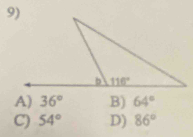 A) 36° B) 64°
C) 54° D) 86°