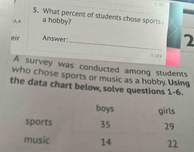 8 
5. What percent of students chose sports 
'A. 4 a hobby? 
_ 
eir Answer: 
2 
8.SiP 
A survey was conducted among students 
who chose sports or music as a hobby.Using 
the data chart below, solve questions 1-6.