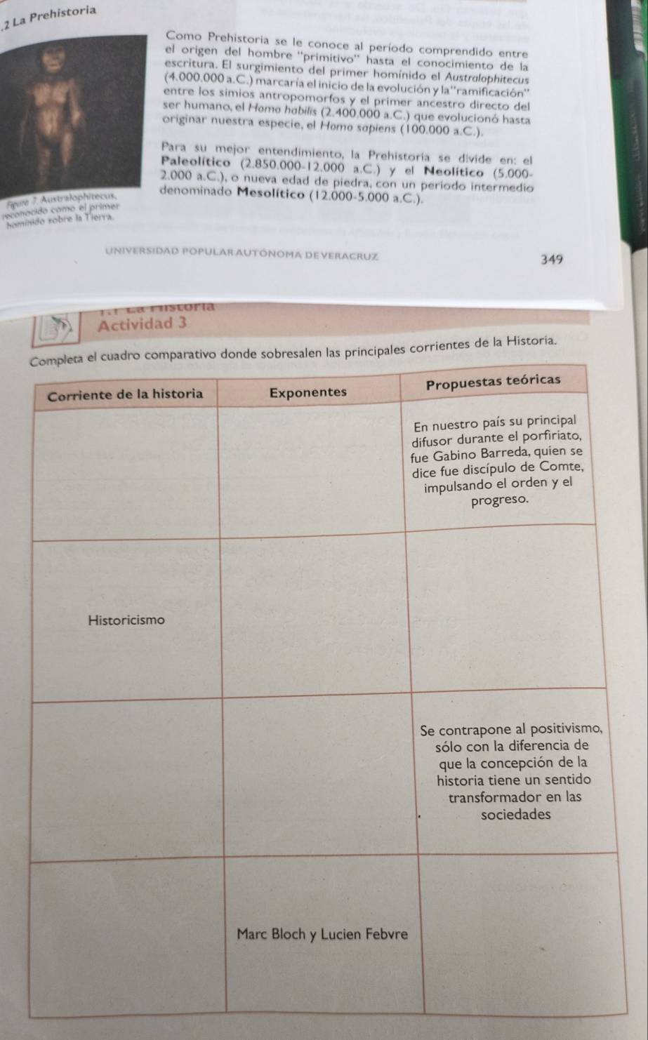 La Prehistoria 
Como Prehistoria se le conoce al período comprendido entre 
el origen del hombre ''primitivo'' hasta el conocimiento de la 
escritura. El surgimiento del primer homínido el Austrlophitecus 
(4.000.000 a.C.) marcaría el inicio de la evolución y la''ramificación'' 
entre los simios antropomorfos y el primer ancestro directo del 
ser humano, el Homo habilis (2.400.000 a.C.) que evolucionó hasta 
originar nuestra especie, el Homo sopiens (100.000 a.C.). 
Para su mejor entendimiento, la Prehistoría se dívide en: el 
Paleolítico (2.850.000-12.000 a.C.) y el Neolítico (5.000-
2.000 a.C.), o nueva edad de piedra, con un periodo intermedio 
Figure 7. Australophitecus, 
denominado Mesolítico (12.000-5.000 a.C.). 
r onocido como el primer 
Nomínido sobre la Tierra 
UNIVERSIDAD POPULAR AUTÓNOMA DEVERACRUZ 349 
La rstóría 
Actividad 3 
Ctes de la Historia.