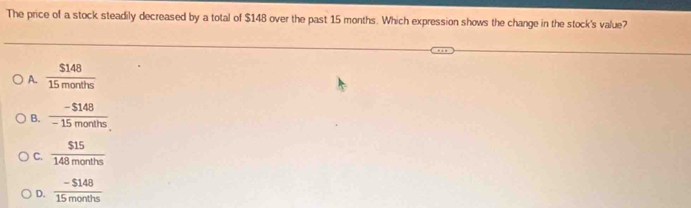 The price of a stock steadily decreased by a total of $148 over the past 15 months. Which expression shows the change in the stock's value?
A.  $148/15months 
B.  (-$148)/-15months 
C.  $15/148months 
D.  (-$148)/15months 