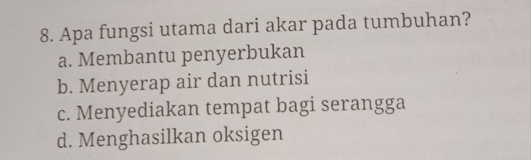 Apa fungsi utama dari akar pada tumbuhan?
a. Membantu penyerbukan
b. Menyerap air dan nutrisi
c. Menyediakan tempat bagi serangga
d. Menghasilkan oksigen