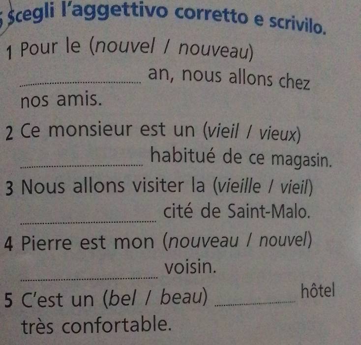 $cegli l'aggettivo corretto e scrivilo. 
1 Pour le (nouvel / nouveau) 
_an, nous allons chez 
nos amis. 
2 Ce monsieur est un (vieil / vieux) 
_habitué de ce magasin. 
3 Nous allons visiter la (vieille / vieil) 
_ 
cité de Saint-Malo. 
4 Pierre est mon (nouveau / nouvel) 
_ 
voisin. 
5 C'est un (bel / beau)_ 
hôtel 
très confortable.