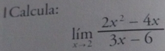 Calcula:
limlimits _xto 2 (2x^2-4x)/3x-6 