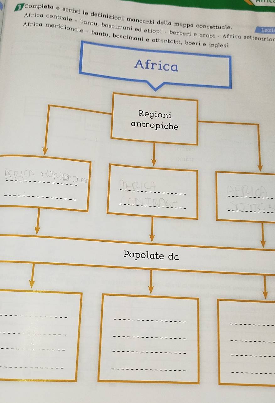 Completa e scrivi le definizioni mancanti della mappa concettuale. 
Africa centrale - bantu, boscimani ed etiopi - berberi e arabi - Africa settentrion 
Lezi 
Africa meridionale - bantu, boscim 
_ 
_ 
_ 
_ 
_ 
_ 
_ 
_ 
_ 
_ 
_ 
_ 
_ 
_ 
_