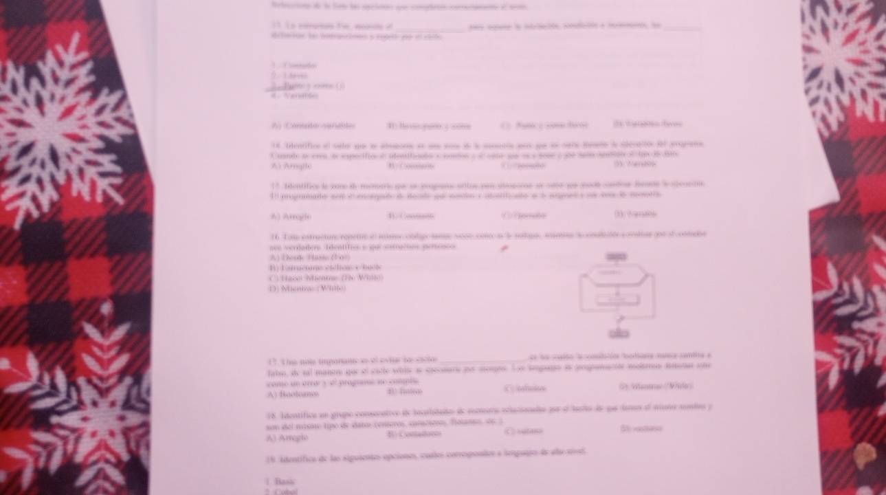 Retecir d l tr la qeioón qe cootron coeano e c
11 Is reroses te mads ?   l ó ó a  =
Actocion, la indrpucionn a rodet ge el clte
1 Connade
2 -  1 4v
A dat ) c0e ( )
#  Veremd
A) Consate serable 41: l …—… ; …… =     s
18 identifice el suto que l atugors as un som à a moors pes qe s oare deo l secao dl pgrene
X uando ae cros a espocífic o idenificnds e contos a se come se os a so00 é 30é seto ambdo o 10 3e BH
A) Amgile B/Coment (3) NerB
1* Identifics le zo0 d menaro qe as propans untos par aoporas ae steo ge sode contoas henne s steaec
1l progrmate sen s escrquó it iecde qe conte : aecate a à aomes   os ss ls mnts
A) Amaro 4). (o—6 (1)) ?aroo
16 Tou estructu repetie e mte ctlgo sas voce com a 5 solige, mominn a cnaltt conatiar got ol contabe
nes verdadero Identífics o qu sotraçoos períenoo
A) Desde Hasie (1 09)
B) Earénmasenhea e huéle
) Hacos Maous (To Whito)
1) Menns) (Wite
oo
17. The non imparan a el evte lo sacio _es de caíóo a coubtón toodiane ssa cantla e
fato, de tal maner que el sacle whlle as erecnara pe stemro. Loe drogago de propanación meláros datatar cm
como un orray el prognms no comptle
A) fnolomo B) ftco C oduin
18. Identífica un grapo consecativo de instlitadn de reora edationado por o hedo de qu dorao el nuna nombes y
son del misno tipo de dato ceneros, cantioro. Tiolanes, de 3
A) Aneglo B) Contadores C sams
19 identífica de las siguientes opciones, coales correspoades a iemparo de alo aai
1. Basis