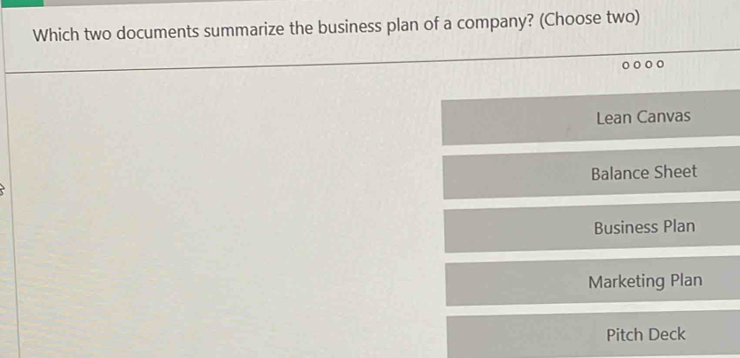 Which two documents summarize the business plan of a company? (Choose two)
Lean Canvas
Balance Sheet
Business Plan
Marketing Plan
Pitch Deck