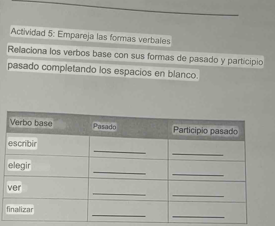 Actividad 5: Empareja las formas verbales 
Relaciona los verbos base con sus formas de pasado y participio 
pasado completando los espacios en blanco.