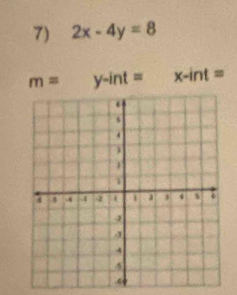 2x-4y=8
m=y-int=x-int=