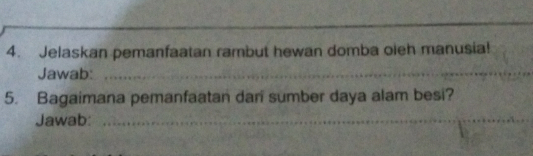 Jelaskan pemanfaatan rambut hewan domba oleh manusia! 
Jawab:_ 
5. Bagaimana pemanfaatan dan sumber daya alam besi? 
Jawab:_