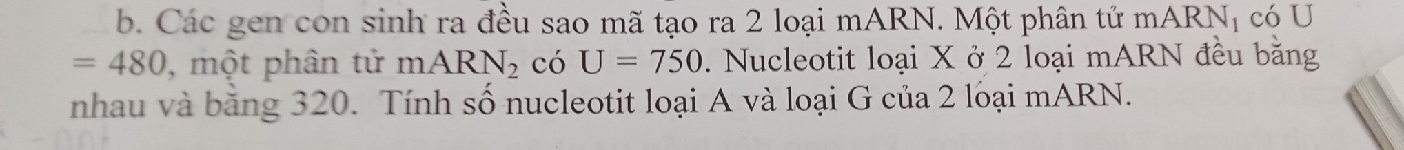 Các gen con sinh ra đều sao mã tạo ra 2 loại mARN. Một phân tử mARNị có U
=480 , một phân tử mARN_2 có U=750. Nucleotit loại X ở 2 loại mARN đều bằng 
nhau và bằng 320. Tính số nucleotit loại A và loại G của 2 loại mARN.