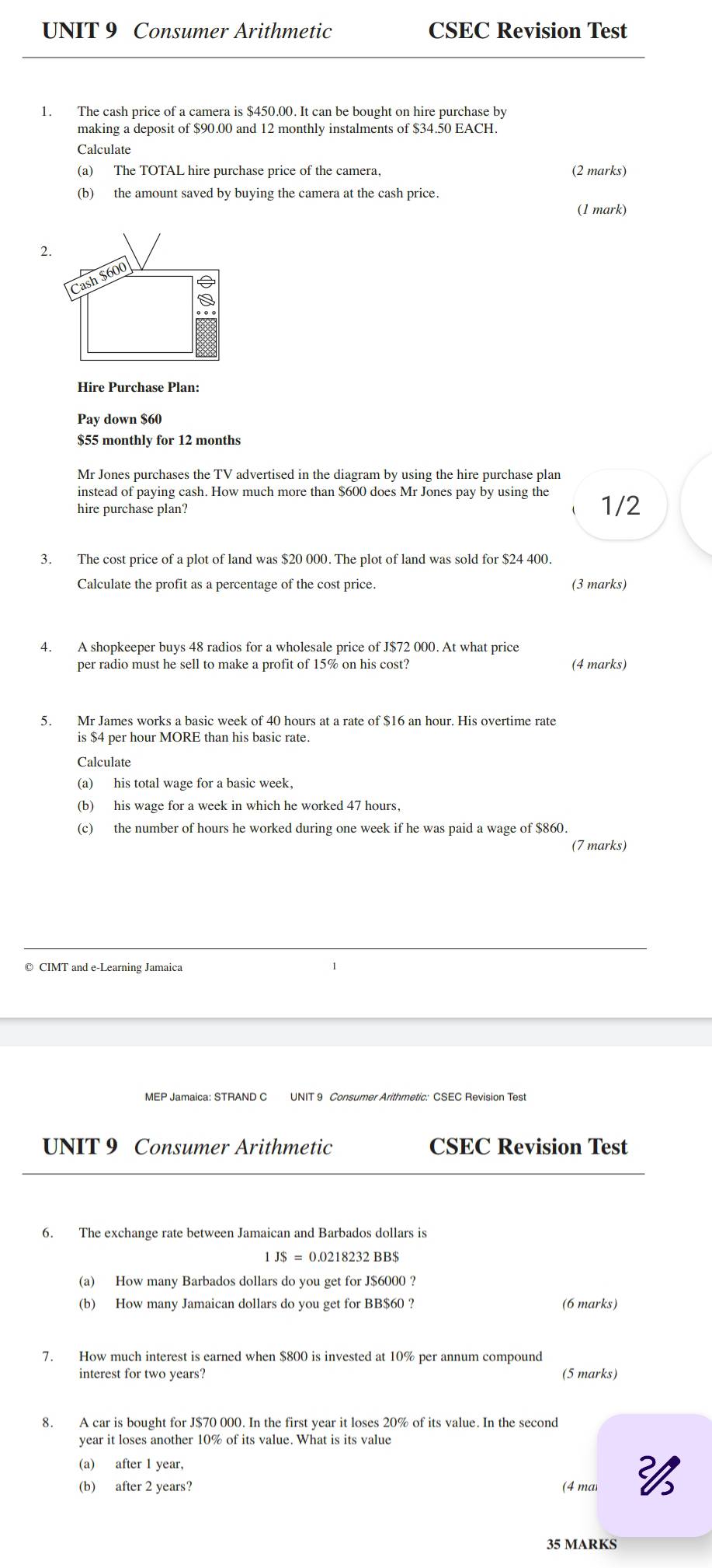 Solved: Consumer Arithmetic CSEC Revision Test 1. The cash price of a ...