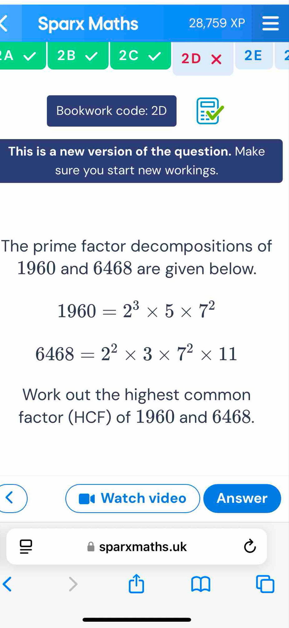 Solved: Sparx Maths 28,759 XP A 2B 2C 2D)