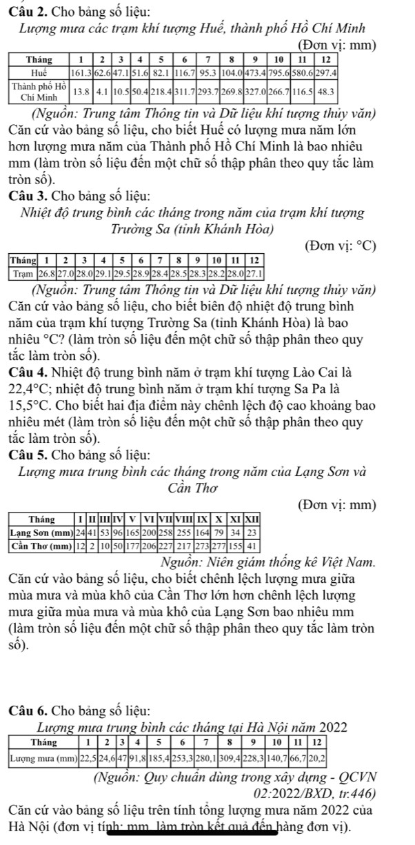 Cho bảng số liệu:
Lượng mưa các trạm khi tượng Huế, thành phố Hồ Chí Minh
(Đơn vị: mm)
(Nguồn: Trung tâm Thông tin và Dữ liệu khí tượng thủy văn)
Căn cứ vào bảng số liệu, cho biết Huế có lượng mưa năm lớn
hơn lượng mưa năm của Thành phố Hồ Chí Minh là bao nhiêu
mm (làm tròn số liệu đến một chữ số thập phân theo quy tắc làm
tròn số).
Câu 3. Cho bảng số liệu:
Nhiệt độ trung bình các tháng trong năm của trạm khí tượng
Trường Sa (tỉnh Khánh Hòa)
(Đơn vị: °C)
(Nguồn: Trung tâm Thông tin và Dữ liệu khí tượng thủy văn)
Căn cứ vào bảng số liệu, cho biết biên độ nhiệt độ trung bình
năm của trạm khí tượng Trường Sa (tỉnh Khánh Hòa) là bao
nhiêu°C ? (làm tròn số liệu đến một chữ số thập phân theo quy
tắc làm tròn số).
Câu 4. Nhiệt độ trung bình năm ở trạm khí tượng Lào Cai là
22,4°C; nhiệt độ trung bình năm ở trạm khí tượng Sa Pa là
15,5°C. Cho biết hai địa điểm này chênh lệch độ cao khoảng bao
nhiêu mét (làm tròn số liệu đến một chữ số thập phân theo quy
tắc làm tròn số).
Câu 5. Cho bảng số liệu:
Lượng mưa trung bình các tháng trong năm của Lạng Sơn và
Cần Thơ
Đơn vị: mm)
Nguồn: Niên giám thống kê Việt Nam.
Căn cứ vào bảng số liệu, cho biết chênh lệch lượng mưa giữa
mùa mưa và mùa khô của Cần Thơ lớn hơn chênh lệch lượng
mưa giữa mùa mưa và mùa khô của Lạng Sơn bao nhiêu mm
(làm tròn số liệu đến một chữ số thập phân theo quy tắc làm tròn
số).
Câu 6. Cho bảng số liệu:
Lượng mưa trung bình các tháng tại Hà Nội năm 2022
(Nguồn: Quy chuẩn dùng trong xây dựng - QCVN
02:2022/BXD, tr:446)
Căn cứ vào bảng số liệu trên tính tổng lượng mưa năm 2022 của
Hà Nội (đơn vị tính: mm. làm tròn kết quả đến hàng đơn vị).