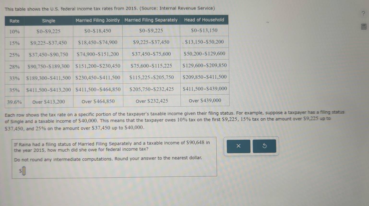 This table shows the U.S. federal income tax rates from 2015. (Source: Internal Revenue Service) 
? 
Each row shows the tax rate on a specific portion of the taxpayer's taxable income given their filing status. For example, suppose a taxpayer has a filing status 
of Single and a taxable income of $40,000. This means that the taxpayer owes 10% tax on the first $9,225, 15% tax on the amount over $9,225 up to
$37,450, and 25% on the amount over $37,450 up to $40,000. 
If Raina had a filing status of Married Filing Separately and a taxable income of $90,648 in 
the year 2015, how much did she owe for federal income tax? 
× 5
Do not round any intermediate computations. Round your answer to the nearest dollar.
$