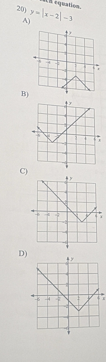 tuch equation. 
20) y=|x-2|-3
A) 
B) 
C) 
D)
x