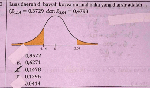 Luas daerah di bawah kurva normal baku yang diarsir adalah ...
(Z_1,14=0,3729 dan Z_2,04=0,4793
0,8522
B. 0,6271
C. 0,1478
P 0,1296
J,0414