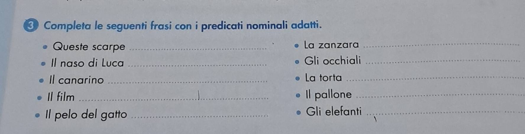 Completa le seguenti frasi con i predicati nominali adatti. 
Queste scarpe _La zanzara_ 
Il naso di Luca _Gli occhiali_ 
Il canarino _La torta_ 
Il film _Il pallone_ 
Il pelo del gatto_ 
Gli elefanti_