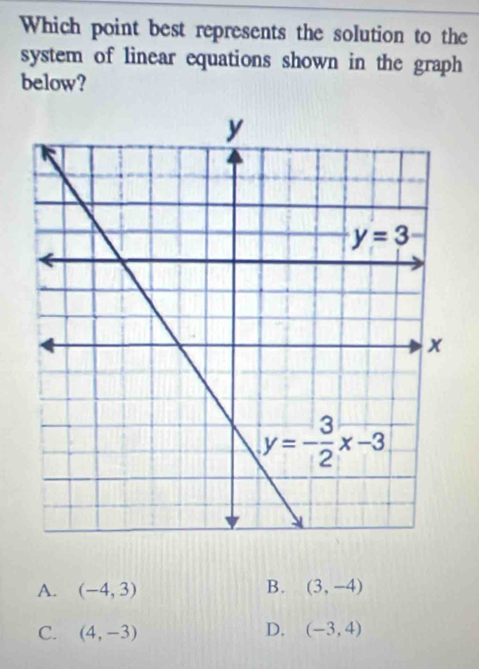 Which point best represents the solution to the
system of linear equations shown in the graph
below?
A. (-4,3) B. (3,-4)
C. (4,-3) D. (-3,4)