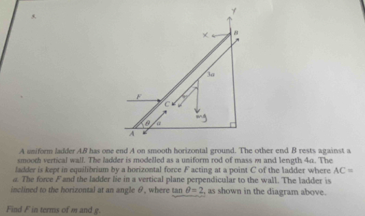 γ
B
3a
F 90°
C
a
A
A uniform ladder AB has one end A on smooth horizontal ground. The other end B rests against a 
smooth vertical wall. The ladder is modelled as a uniform rod of mass m and length 4a. The 
ladder is kept in equilibrium by a horizontal force F acting at a point C of the ladder where AC=
a. The force F and the ladder lie in a vertical plane perpendicular to the wall. The ladder is 
inclined to the horizontal at an angle θ, where tar θ =2 , as shown in the diagram above. 
Find F in terms of m and g.