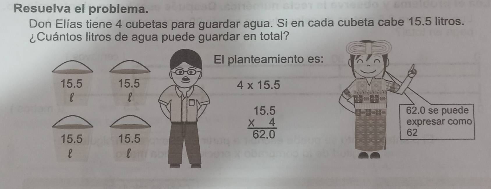 Resuelva el problema. 
Don Elías tiene 4 cubetas para guardar agua. Si en cada cubeta cabe 15.5 litros. 
¿Cuántos litros de agua puede guardar en total? 
El planteamiento es:
15.5 15.5 4* 15.5
l 
L
15.5 15.5
beginarrayr 15.5 * 4 hline 6 6endarray 62.0
l 
l