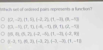 Which set of ordered pairs represents a function?
 (2,-2),(1,5),(-2,2),(1,-3),(8,-1)
 (3,-1),(7,1),(-6,-1),(9,1),(2,-1)
 (6,8),(5,2),(-2,-5),(1,-3),(-2,9)
 (-3,1),(6,3),(-3,2),(-3,-3),(1,-1)