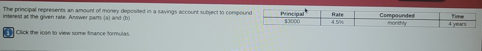 The principal represents an amount of money deposited in a savings account subject to compou 
interest at the given rate. Answer parts (a) and (b). 
Click the icon to view some finance formulas.