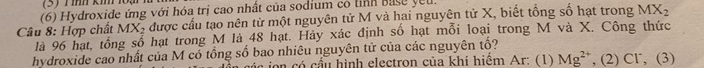 (3) Tình kin loại 
(6) Hydroxide ứng với hóa trị cao nhất của sodium có lỉnh base yeu. 
Câu 8: Hợp chất MX 5 được cầu tạo nên từ một nguyên tử M và hai nguyên tử X, biết tổng số hạt trong MX_2
là 96 hạt, tổng số hạt trong M là 48 hạt. Hảy xác định số hạt mỗi loại trong M và X. Công thức 
hydroxide cao nhất của M có tồng số bao nhiêu nguyên tử của các nguyên tố? 
cc in có cầu hình electron của khí hiểm Ar: (1) Mg^(2+) , (2) Cl, (3)