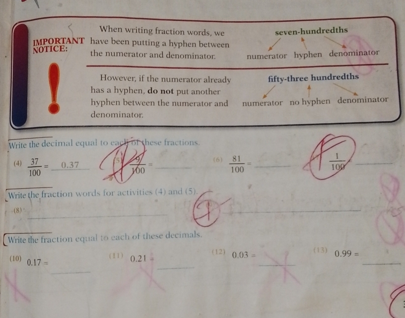 When writing fraction words, we seven-hundredths
IMPORTANT have been putting a hyphen between
NOTICE:
the numerator and denominator. numerator hyphen denominator
However, if the numerator already fifty-three hundredths
has a hyphen, do not put another
hyphen between the numerator and numerator no hyphen denominator
denominator.
Write the decimal equal to eacl of these fractions.
x
(4)  37/100 =_ 0.37 1  20/y00 = _  81/100 = _  1/100  _
3
(6)
Write the fraction words for activities (4) and (5).
(8)
_
_
_
Write the fraction equal to each of these decimals.
(13)
_
(12) 0.03= 0.99=
(11) 0.21=
_
_
(10) 0.17=
_