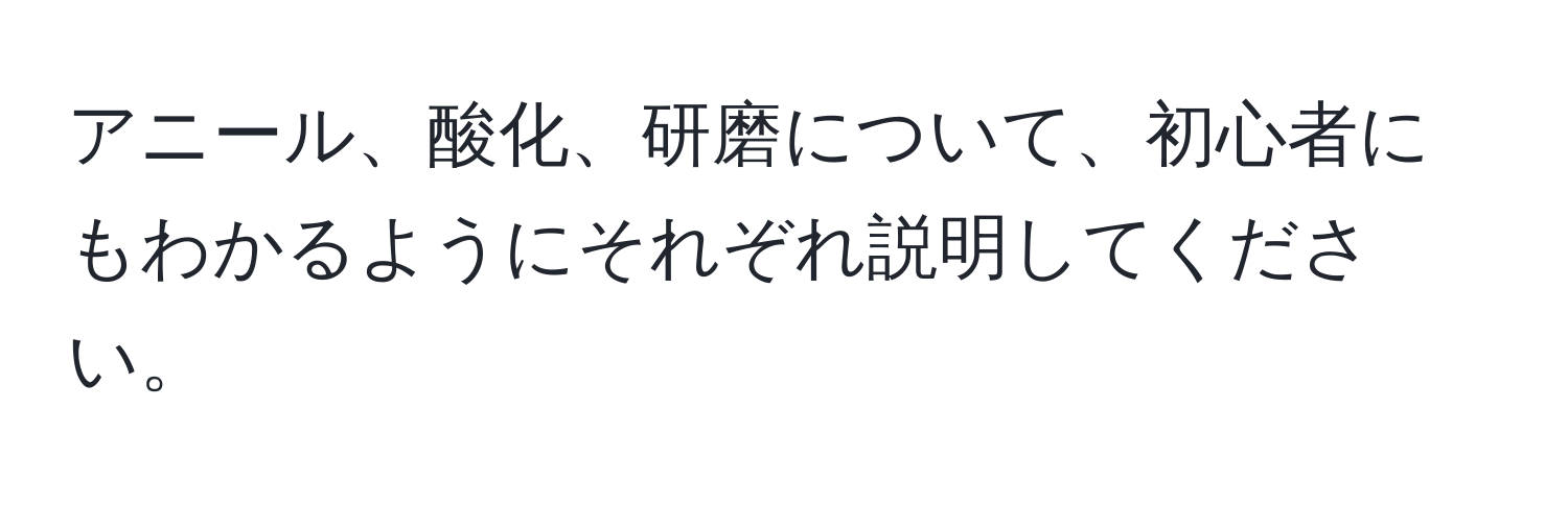 アニール、酸化、研磨について、初心者にもわかるようにそれぞれ説明してください。