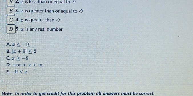 B 2. x is less than or equal to -9
E 3. x is greater than or equal to -9
C 4. x is greater than -9
D 5. x is any real number
A. x≤ -9
B. |x+9|≤ 2
C. x≥ -9
D. -∈fty
E. -9
Note: In order to get credit for this problem all answers must be correct.