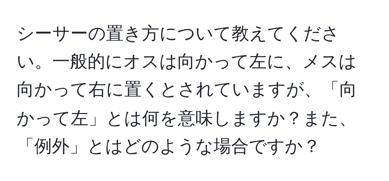 シーサーの置き方について教えてください。一般的にオスは向かって左に、メスは向かって右に置くとされていますが、「向かって左」とは何を意味しますか？また、「例外」とはどのような場合ですか？