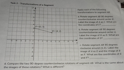 Task 2 - Transformations of a Segment
each of the following formations to segment AB.
tate segment AB 90 degrees
terclockwise around center B.
l the image of A as C. What are
oordinates of C?_
otate segment AB 90 degrees
terclockwise around center A.
el the image of B as D. What are
coordinates of D?_
Rotate segment AB 90 degrees
ckwise around (0,0).. Label the
age of A as E and the image of B
F. What are the coordinates of E
d F?_
d. Compare the two 90-degree counterclockwise rotations of segment AB. What is the same about
the images of these rotations? What is different?