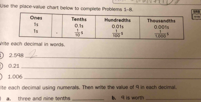 Use the place-value chart below to complete Problems 1-8.
B
19
Vrite each decimal in words.
2.598_
0.21_
1.006_
rite each decimal using numerals. Then write the value of 9 in each decimal.
a. three and nine tenths _b. 9 is worth_