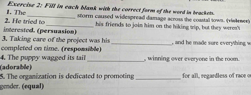 Fill in each blank with the correct form of the word in brackets. 
1. The_ storm caused widespread damage across the coastal town. (violence) 
2. He tried to _his friends to join him on the hiking trip, but they weren't 
interested. (persuasion) 
3. Taking care of the project was his_ , and he made sure everything w 
completed on time. (responsible) 
4. The puppy wagged its tail_ , winning over everyone in the room. 
(adorable) 
5. The organization is dedicated to promoting _for all, regardless of race o 
gender. (equal)