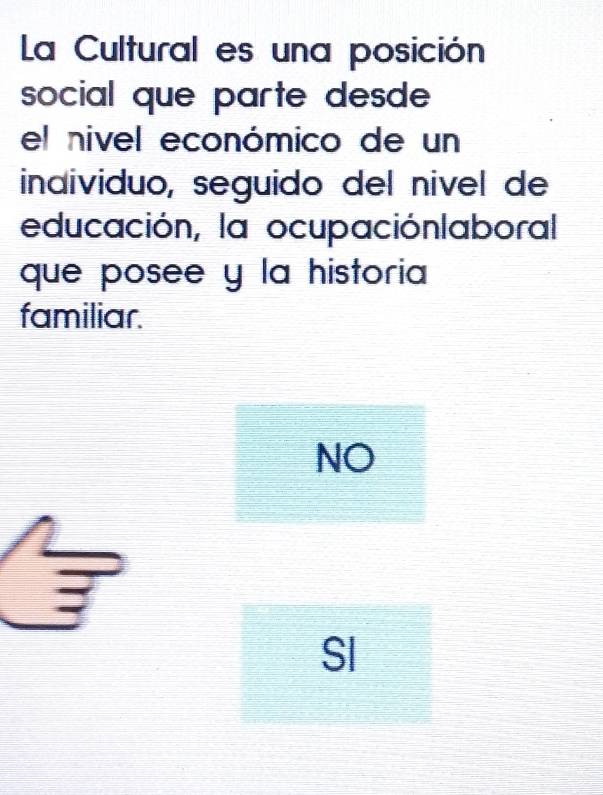 La Cultural es una posición
social que parte desde 
el nivel económico de un
individuo, seguido del nivel de
educación, la ocupaciónlaboral
que posee y la historia
familiar.
NO
SI