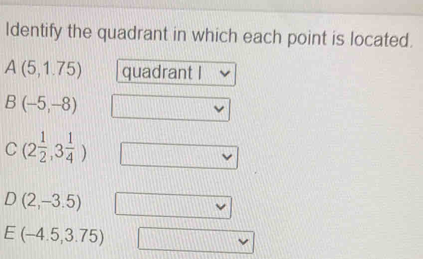 Solved: Identify the quadrant in which each point is located. A(5,1.75 ...