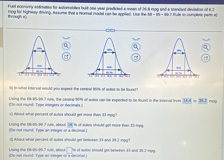 Fuel economy estimates for automobiles built one year predicted a mean of 26.8 mpg and a standard deviation of 6.2
mpg for highway driving. Assume that a Normal model can be applied. Use the 68- 95- 99.7 Rule to complete parts a) 
through e). 


b) In what interval would you expect the central 95% of autos to be found? 
Using the 68-95-99.7 rule, the central 95% of autos can be expected to be found in the interval from 14.4 to 39.2 mpg. 
(Do not round. Type integers or decimals.) 
c) About what percent of autos should get more than 33 mpg? 
Using the 68-95-99.7 rule, about 16 % of autos should get more than 33 mpg. 
(Do not round. Type an integer or a decimal.) 
d) About what percent of autos should get between 33 and 39.2 mpg? 
Using the 68-95-99.7 rule, about □ % of autos should get between 33 and 39.2 mpg. 
(Do not round. Type an integer or a decimal.)