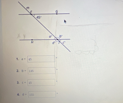 a=45
2. b=135
3. c=45
4. d=155