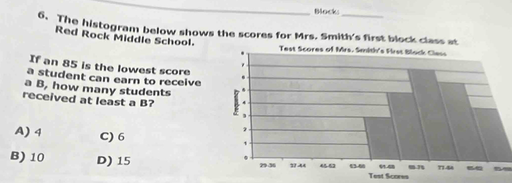 Blocks
6. The histogram below shows the scores for Mrs. Smith's first b
Red Rock Middle School.
If an 85 is the lowest score
a student can earn to receive
a B, how many students
received at least a B?
A) 4 C) 6
B) 10 D) 15

Test Scores