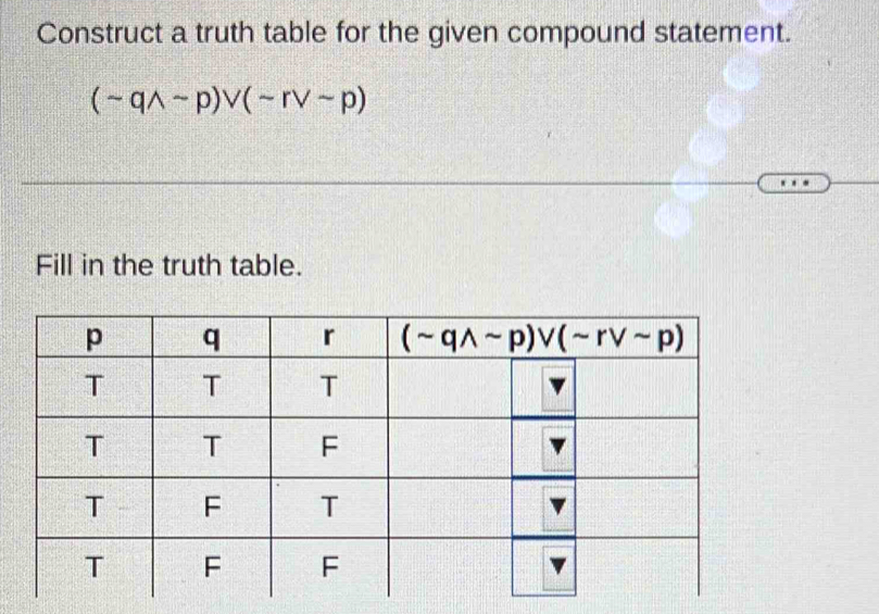 Construct a truth table for the given compound statement.
(sim qwedge sim p)vee (sim rvee sim p)
Fill in the truth table.