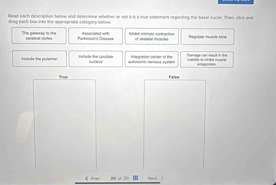 Read each description below and determine whether or not it is a true statement regarding the basal nuclei. Then, click and
drag each box into the appropriate category below.
The gateway to the Associated with Inhibit intrinsic contraction Regulate muscle tone
cerebral cortex Parkinson's Disease of skeletal muscles
Damage can result in the
Include the putamen Include the caudate Integration center of the inability to inhibit muscle
nucleus autonomic nervous system antagonists.
True False
Prev 20 of 20 Next