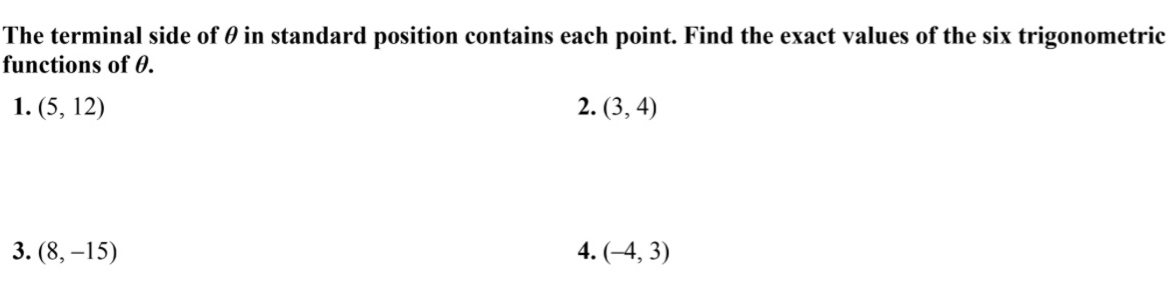 Solved: The terminal side of θ in standard position contains each point ...