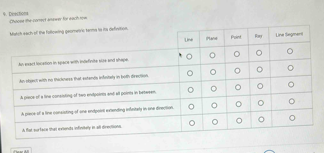 Directions 
answer for each row. 
Clear All