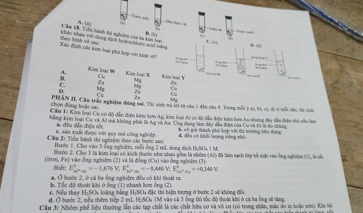 =Nu ớc y -Dầu thực vật
A. (a). (a)
(b) Giảm ăn
Nước muối
Câu 18. Tiến hành thí nghiệm của ba kim loại
B. (b).
(c) (d)
theo hình vẽ sau:
C. (c).
D. (d).
khác nhau với dung dịch hydrochloric acid loãng 。
Xác định các kim loại phù hợp với hình vẽ? Dung dịch
Bang bóng M:
HCI loàng Dung dịch
HCI loãng 88 Refede
Kim loại W Kim loại X Kim loại Y
Kim loại W 1m loại X
A. Kien loại: Y
B.
Cu
C.
Zn Mg
D.
Mg Mg Zn
Cu
Cu
Zn Cu
Zn
Mg
PHÀN II. Câu trắc nghiệm đúng sai. Thí sinh trả lời từ câu 1 đến câu 4. Trong mỗi ý a), b), c), d) ở mỗi câu, thí sinh
chọn đúng hoặc sai.
Câu 1: Kim loại Cu có độ dẫn điện kém hơn Ag, kim loại Al có độ dẫn điện kém hơn Au nhưng dây dẫn điện chủ yếu làm
bằng kim loại Cu và Al mà không phải là Ag và Au. Ứng dụng làm dây dẫn điện của Cu và Al là do chúng
a. đều dẫn điện tốt. b. có giá thành phù hợp với thị trường tiêu dùng.
c. sản xuất được với quy mô công nghiệp. d. đều có khối lượng riêng nhỏ.
Câu 2: Tiến hành thí nghiệm theo các bước sau:
Bước 1. Cho vào 3 ổng nghiệm, mỗi ống 2 mL dung dịch H_2SO_41M.
Bước 2. Cho 3 lá kim loại có kích thước như nhau gồm lá nhôm (Al) đã làm sạch lớp bề mặt vào ống nghiệm (1), lá sắt
(iron, Fe) vào ống nghiệm (2) và lá đồng (Cu) vào ống nghiệm (3).
Biết: E_Al^(3+)/Al°=-1,676V;E_Fe^(2+)/Fe°=-0,440V;E_Cu^(2+)/Cu°=+0,340V.
a. Ở bước 2, ở cả ba ống nghiệm đều có khí thoát ra.
b. Tốc độ thoát khí ở ống (1) nhanh hơn ống (2).
c. Nếu thay H_2SO_4 loãng bằng H_2SO_4 đặc thì hiện tượng ở bước 2 sẽ không đồi
d. Ở bước 2, nếu thêm tiếp 2 mL H_2SO_4 1M vào cả 3 ống thì tốc độ thoát khí ở cả ba ống sẽ tăng.
Câu 3: Nhôm phế liệu thường lẫn các tạp chất là các chất hữu cơ và vô cơ (có trong nhãn, mác do in hoặc sơn). Khi tái