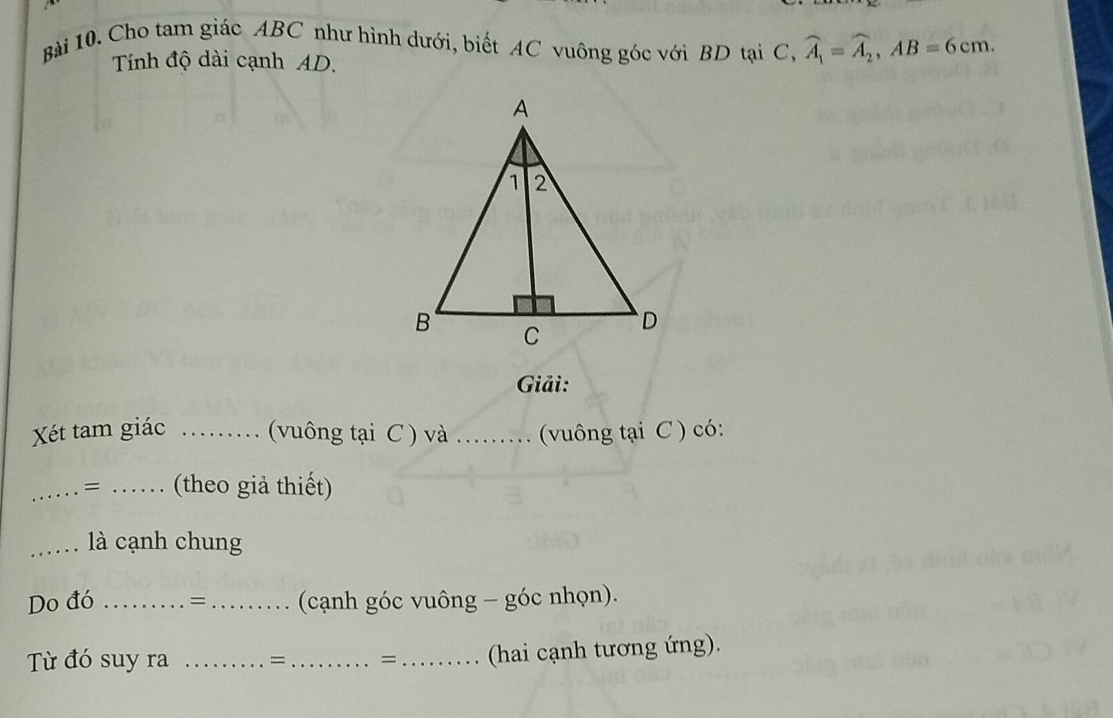 Cho tam giác ABC như hình dưới, biết AC vuông góc với BD tại C, widehat A_1=widehat A_2, AB=6cm. 
Tính độ dài cạnh AD. 
Giải: 
Xét tam giác _(vuông tại C ) và _(vuông tại C ) có: 
_= _(theo giả thiết) 
_là cạnh chung 
Do đó _= _(cạnh góc vuông - góc nhọn). 
Từ đó suy ra _= _=_ 
(hai cạnh tương ứng).