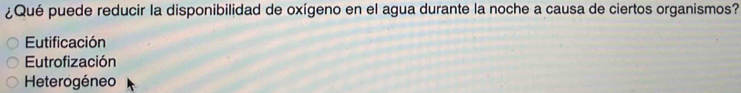 ¿Qué puede reducir la disponibilidad de oxígeno en el agua durante la noche a causa de ciertos organismos?
Eutificación
Eutrofización
Heterogéneo