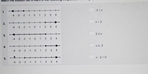 MMeh the solddon so
-2
1
2
x>2
3
2≤ x
4
x≤ -2
5
x-2<0</tex>