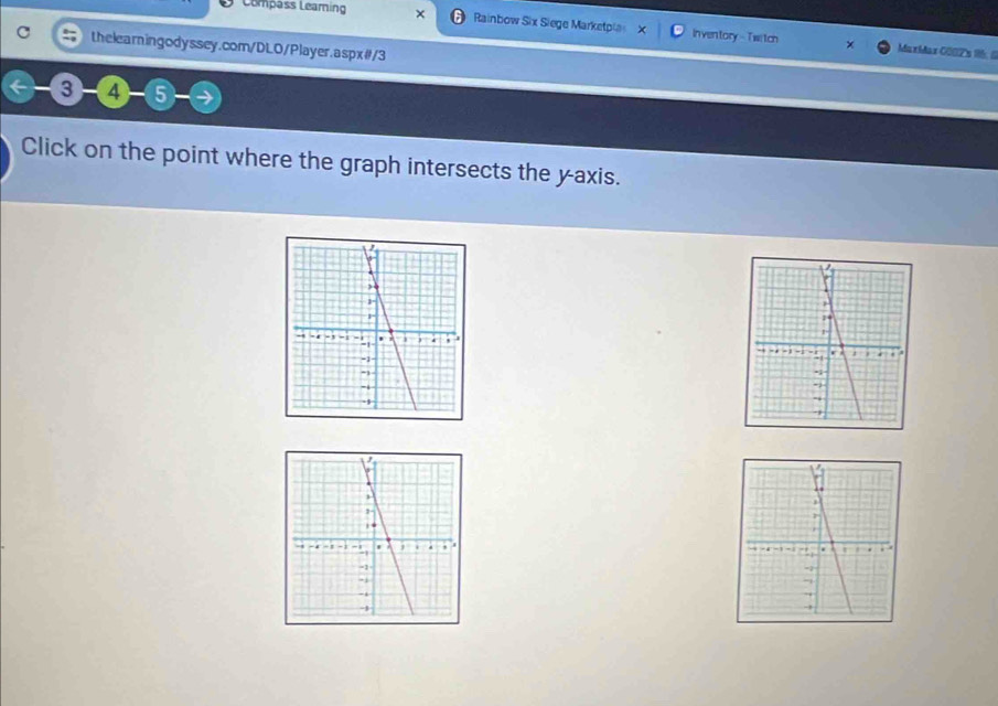 Compass Leaming Rainbow Six Siege Marketpla X Inventory Twitch 
thelearingodyssey.com/DLO/Player.aspx#/3 
MaxMax C002's 16. 1 
③-4-⑤ 
Click on the point where the graph intersects the y-axis.